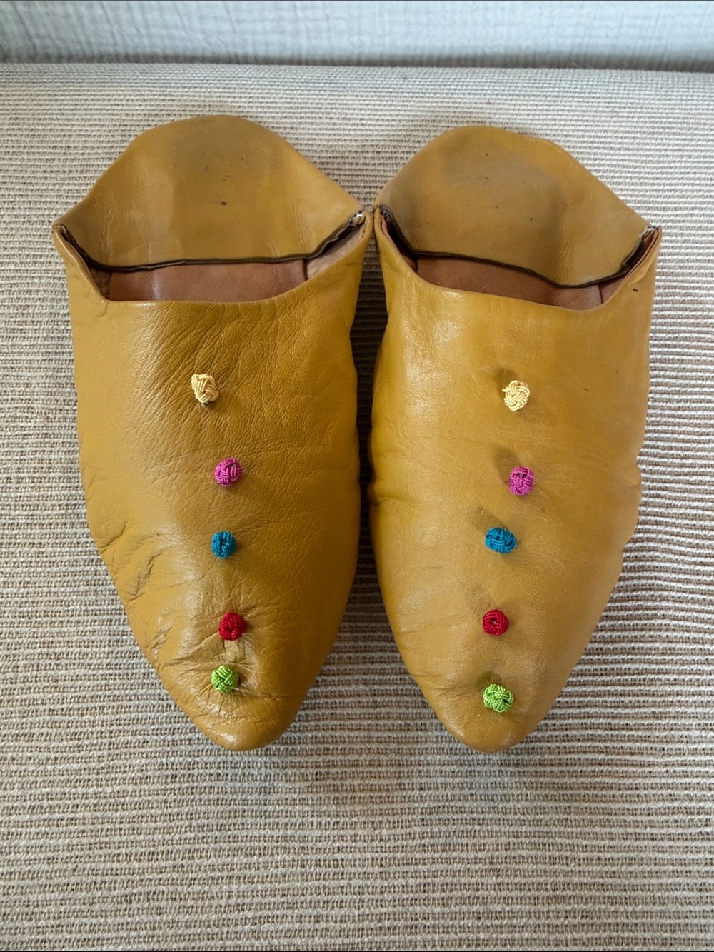 Mustard Yellow Leather Slip-On Mules with Multicolor Embellishments